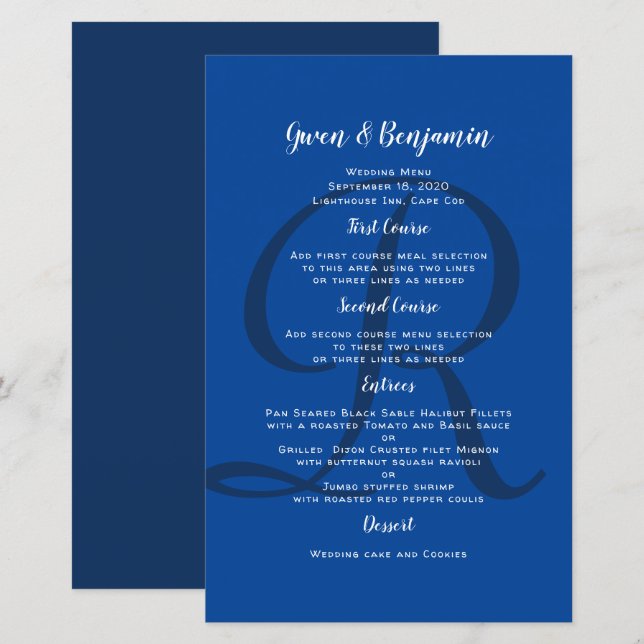 Monogram Initial Navy Wedding Entree Menu Template (Front/Back)