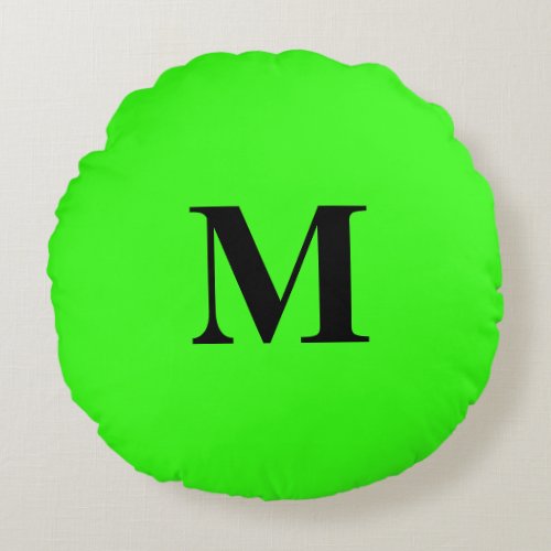 Monogram Initial Neon Green Colorful Bright Gift  Round Pillow