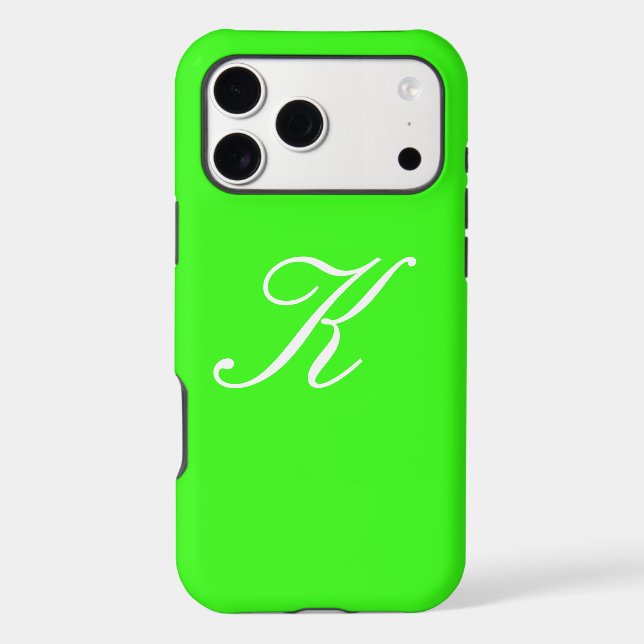 Monogram Initial Neon Green Solid Color Background Iphone Case (Back)