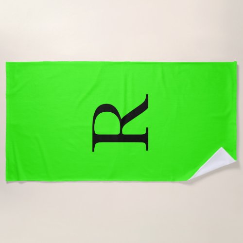 Monogram Initial Neon Green Solid Color Cool Beach Towel