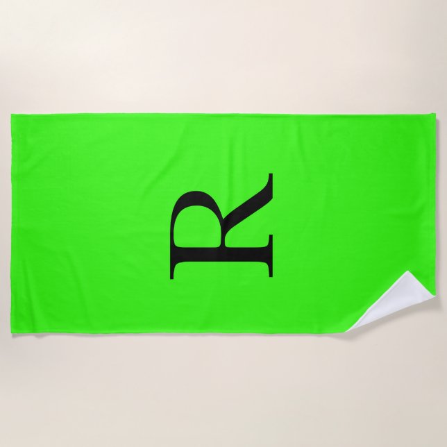 Monogram Initial Neon Green Solid Color Cool Beach Towel (Front)