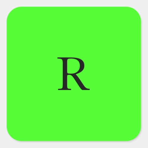 Monogram Initial Neon Green Solid Color Simple Square Sticker