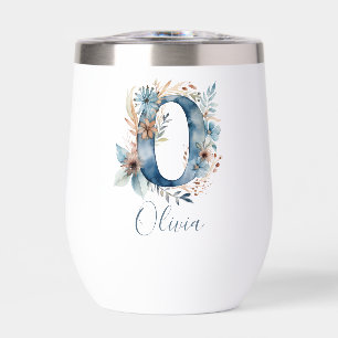 Monogram Initial O Blue Floral Watercolor Gift Her Thermal Wine Tumbler
