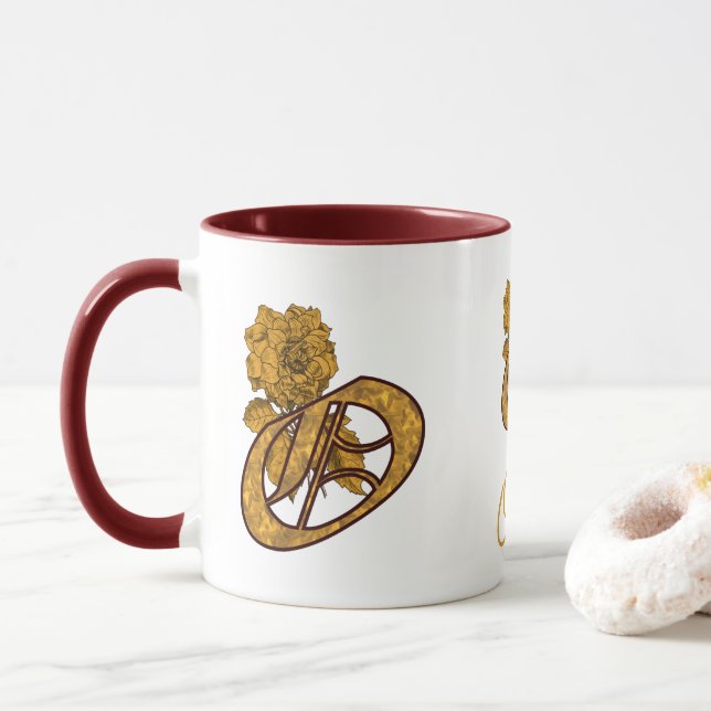Monogram Initial O Gold Peony Personalized Mug (With Donut)