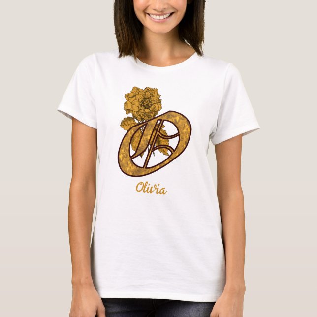 Monogram Initial O Gold Peony Personalized T-Shirt (Front)