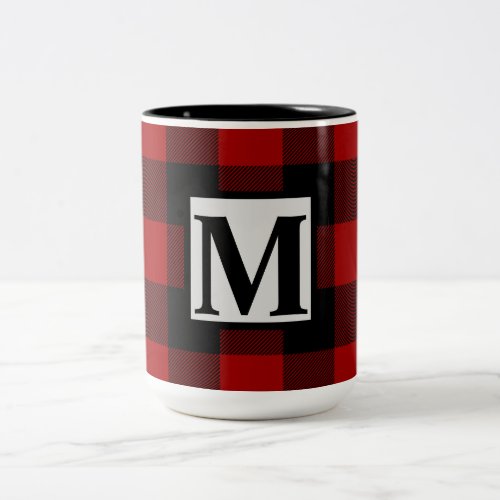 Monogram Initial on Red and Black Buffalo Plaid Two_Tone Coffee Mug
