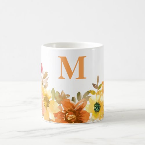 Monogram Initial Orange Watercolor Floral Fall Coffee Mug