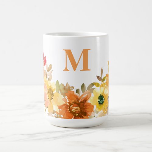 Monogram Initial Orange Watercolor Floral Fall Coffee Mug