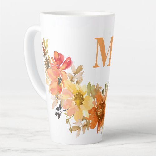 Monogram Initial Orange Watercolor Floral Fall Latte Mug