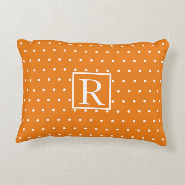 Monogram Initial Orange White Polka Dots Cute Accent Pillow (Back)