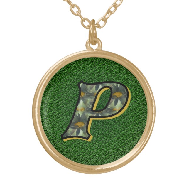 Monogram Initial P Daisies Flower Art Gold Plated Necklace (Front)