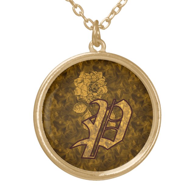 Monogram Initial P Elegant Gold Peony Flower  Plated Necklace (Front)