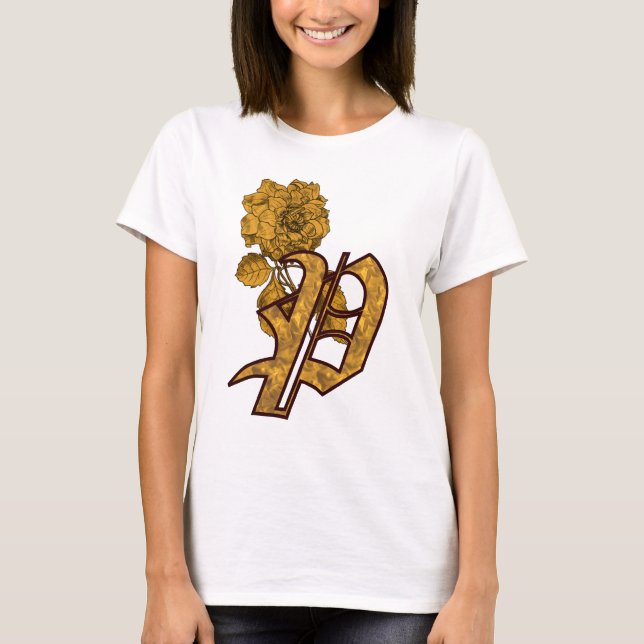 Monogram Initial P Elegant Gold Peony Flower  T-Shirt (Front)