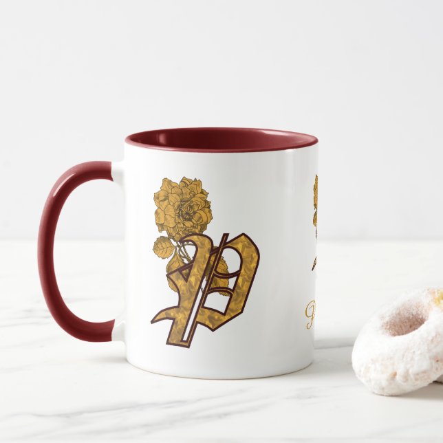 Monogram Initial P Elegant Gold Peony Personalized Mug (With Donut)