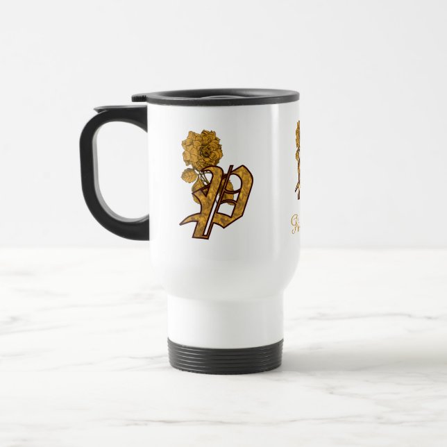 Monogram Initial P Elegant Gold Peony Personalized Travel Mug (Left)