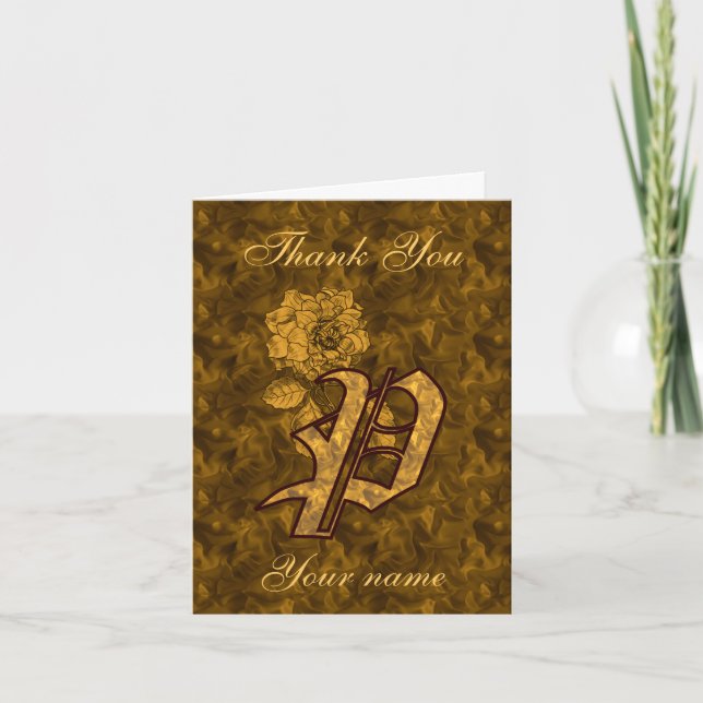 Monogram Initial P Gold Satin Peony Personalized Thank You Card (Front)