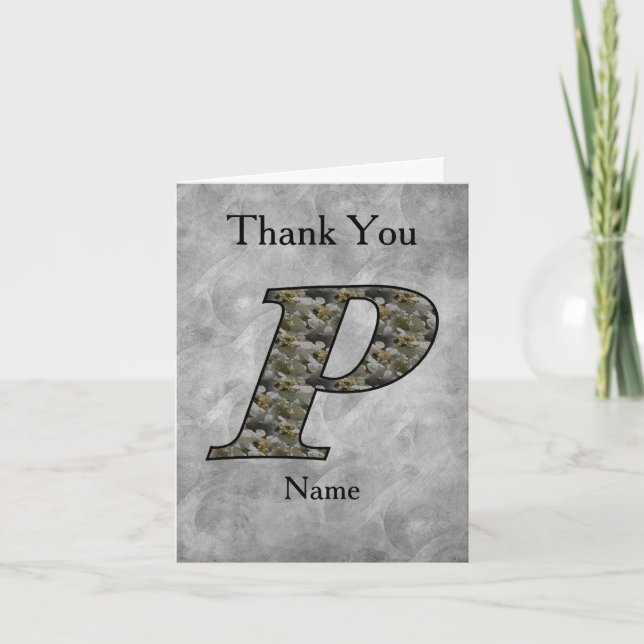 Monogram Initial P Hydrangea Flowers Personalized Letterpress Thank You Card (Front)