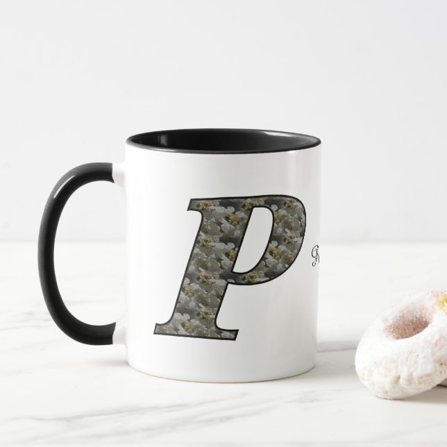 Monogram Initial P Hydrangea Flowers Personalized Mug (With Donut)