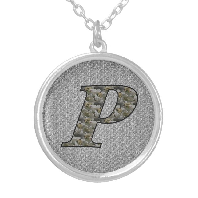 Monogram Initial P Hydrangea Flowers Silver Plated Necklace (Front)