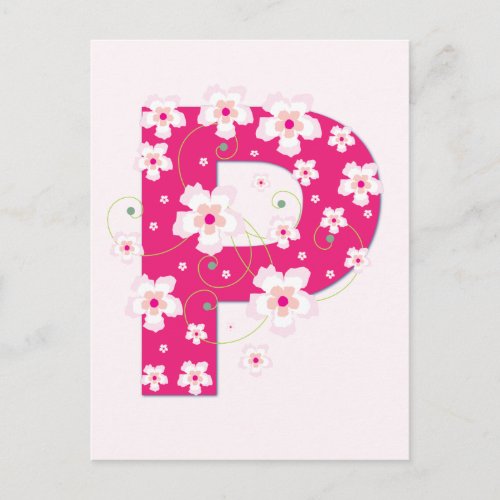 Monogram initial P pretty pink floral postcard