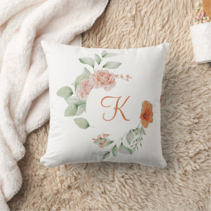 Monogram Initial Peach Coral Green Floral Elegant Throw Pillow