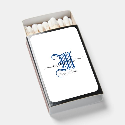 monogram initial personalized business name blue matchboxes