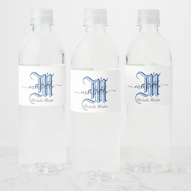 monogram initial personalized business name blue water bottle label (Bottles)