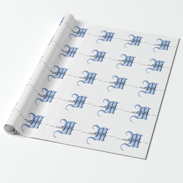 monogram initial personalized business name blue wrapping paper (Unrolled)