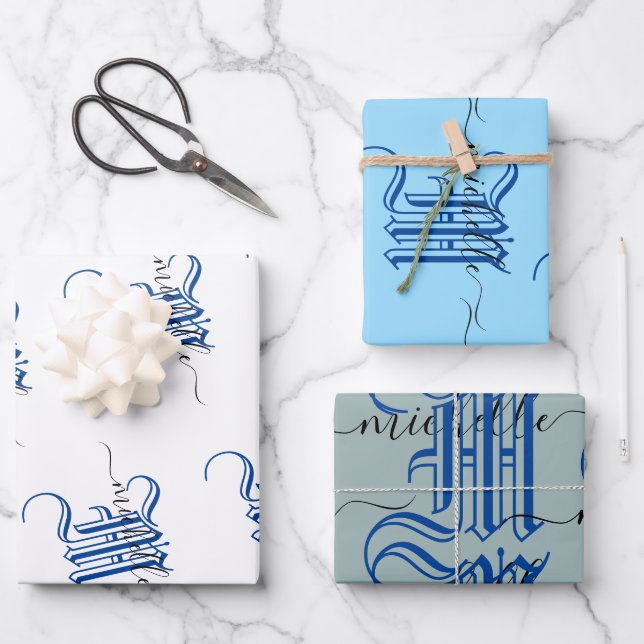 monogram initial personalized business name blue wrapping paper sheets (Front)