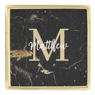 Monogram Initial Personalized Gold Black Marble Gold Finish Lapel Pin