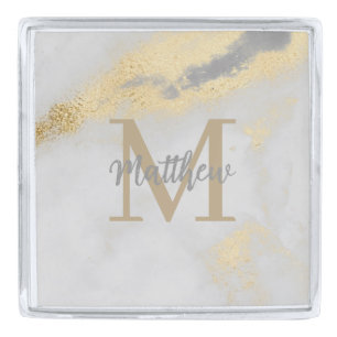Monogram Initial Personalized Gold Gray Marble Silver Finish Lapel Pin