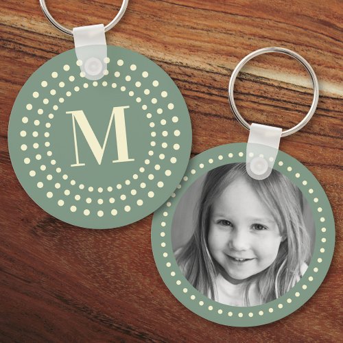 Monogram initial photo retro radial dot sage green keychain