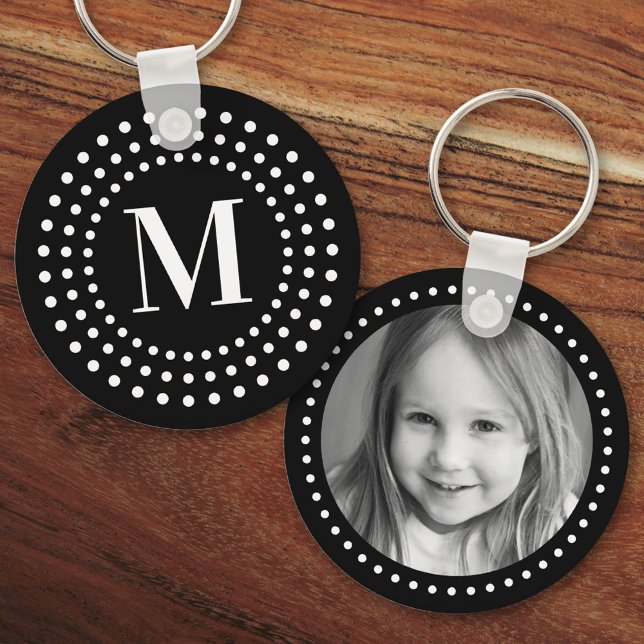Monogram initial photo retro radial dots black keychain (Creator Uploaded)