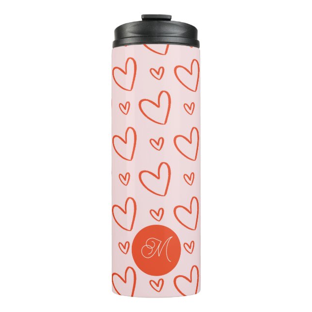 Monogram initial - pink and red heart pattern thermal tumbler (Front)