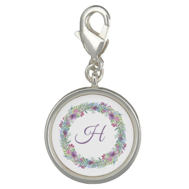 Monogram Initial Pink Blue Purple Floral Charm (Front)