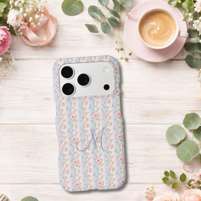 Monogram Initial Pink Blue Stripe Floral Rose  iPhone Case (Pink Blue Striped Florals Monogram Initial iPhone case, iPhone 17, 16, 15, 14, 13, 12
Gift for her)