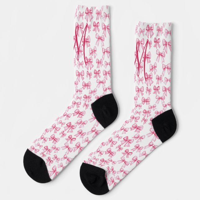 Monogram Initial Pink Bow Coquette Aesthetic Gift  Socks (Left)