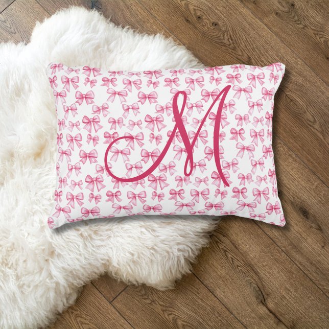 Monogram Initial Pink Bow Coquette Aesthetic Girls Accent Pillow (Pink bow Monogrammed Initial preppy girls coquette aesthetic accent pillow. Girls bedroom Nursery)