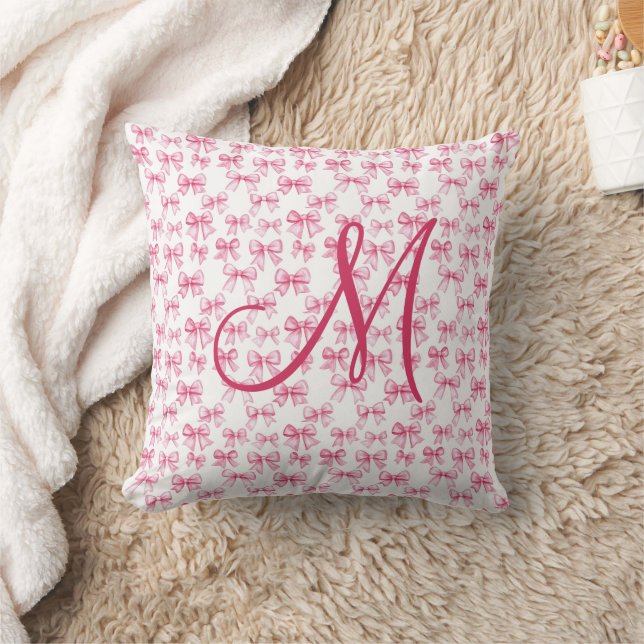 Monogram Initial Pink Bow Coquette Aesthetic Girls Throw Pillow (Blanket)