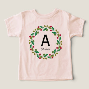 Monogram initial - Pink Christmas Wreath Toddler T-shirt