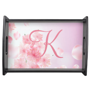 Monogram Initial Pink Floral Flowers Feminine  Serving Tray
