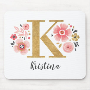 Monogram Initial Pink Floral Mouse Pad