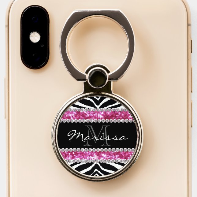 Monogram Initial Pink Glitter Zebra Bling Phone Ring Stand (Close Up)