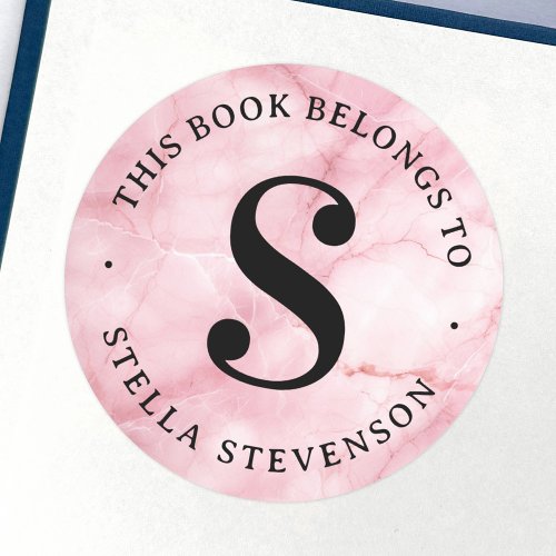 Monogram initial pink marble library book label
