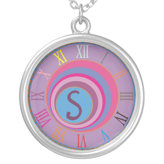 Monogram Initial Pink Purple Blue Clock Circles  Silver Plated Necklace (Front)