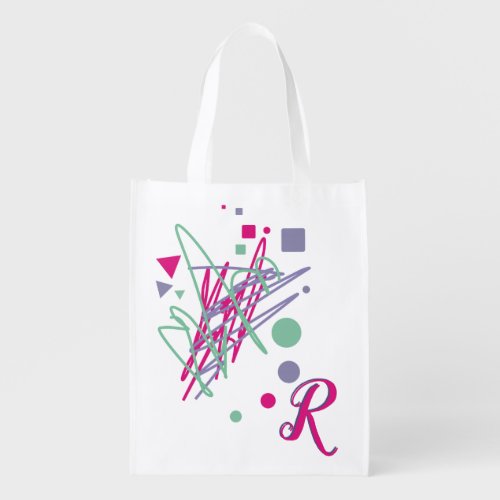 Monogram Initial Pink Purple Teal Shapes Festive  Grocery Bag