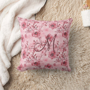 Monogram Initial Pink Rose Burgundy Florals Throw Pillow