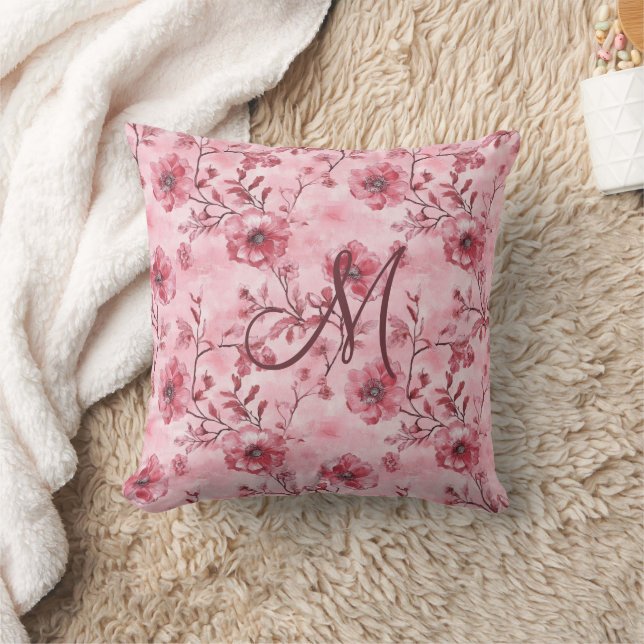 Monogram Initial Pink Rose Burgundy Florals Throw Pillow (Blanket)