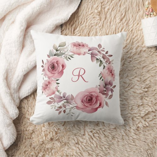 Monogram Initial Pink Roses Greenery Watercolor  Throw Pillow