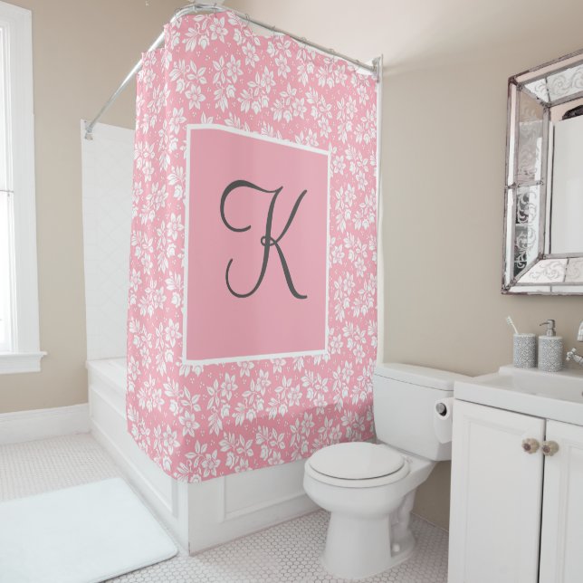 Monogram Initial Pink White Gray Floral  Shower Curtain (In Situ)